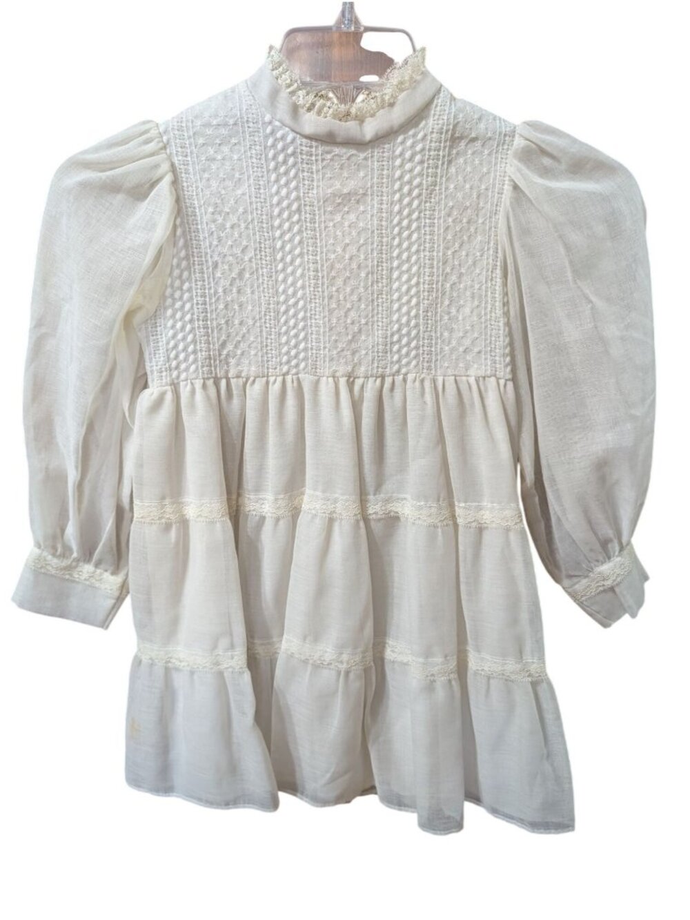 1970s Sears First Communion Dress Size 7 Ivory Lace Puffy Sleeves Vintage